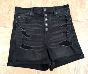 American Eagle sz 4 Curvy Super High Rise Shortie Shorts denim distressed 0912